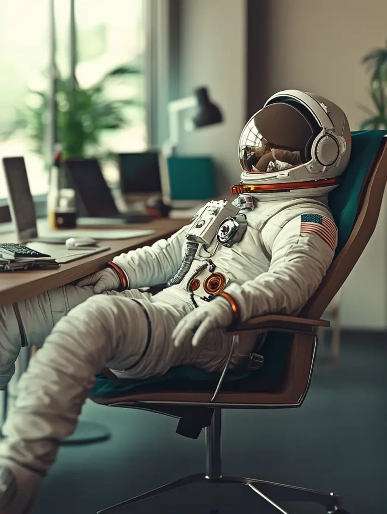 IT-Service Desk: IT Boosters IT-Paket namens "User Care" für Unternehmen deckt die Arbeitsplatzbereitstellung und Benutzerbetreuung der Mitarbeitenden Ihres Unternehmens ab. Das Bild zeigt einen Astronauten zurückgelehnt im Bürostühl, weil der IT Support von IT Booster durch seine Entlastung für Entspannung sorgt.